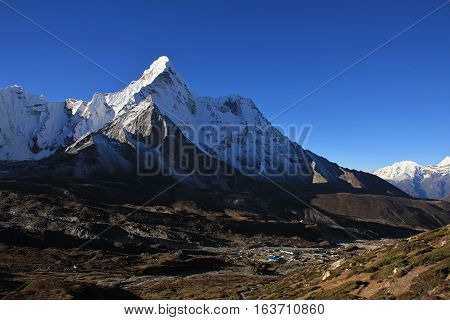 Travel destination in the Everest National Park Nepal. Famous mountain Ama Dablam.