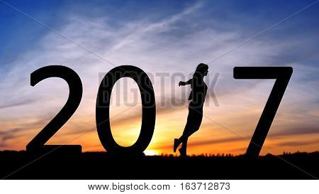 silhouette of a girl running, step forward silhouette of a girl making a step before, 2017 years while celebrating new EAP, 2017, happy girl.