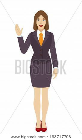 Businesswoman greeting someone with his hand raised up. Full length portrait of businesswoman in a flat style. Vector illustration.