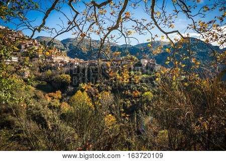 Scenic Mountain Autumn Landscape With  Village Langadia, Peloponnese, Greece