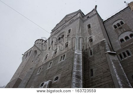 Fussen Germany - December 26 2014: close up view of Neuschwanstein Castle in winter time on December 26 2014 near Fussen Germany.