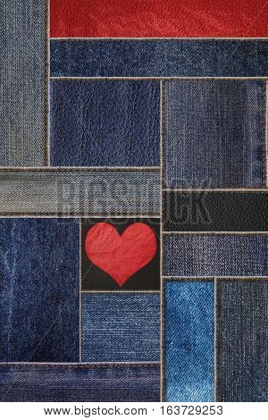 Denim jeans with leather texture, and heart shape background, patchwork denim jean with leather pattern