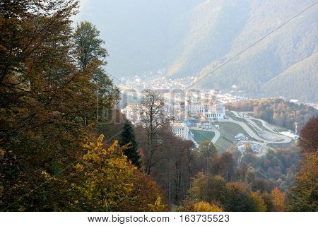 KRASNAYA POLYANA SOCHI RUSSIA 26 OCTOBER 7 2016: View of the ski resort Gorky Gorod Krasnaya Polyana Sochi Russia.