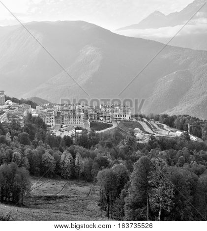 KRASNAYA POLYANA SOCHI RUSSIA 26 OCTOBER 7 2016: View of the ski resort Gorky Gorod Krasnaya Polyana Sochi Russia.