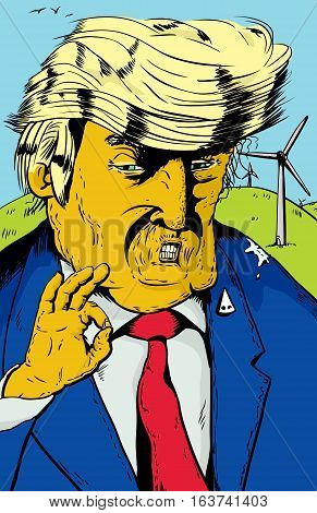 Orange Trump With Wind Turbines Behind Him