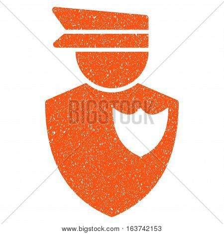Policeman grainy textured icon for overlay watermark stamps. Flat symbol with dirty texture. Dotted vector orange ink rubber seal stamp with grunge design on a white background.