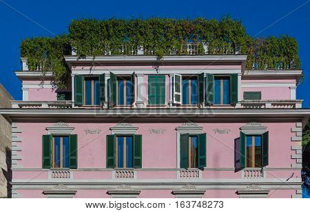 Rows of old windows with shutters on an ornate facade of an apartment building covered with ivy vines in Rome Italy.