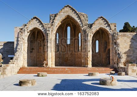 Ruins of a Gothic church in the historic town of Rhodes.