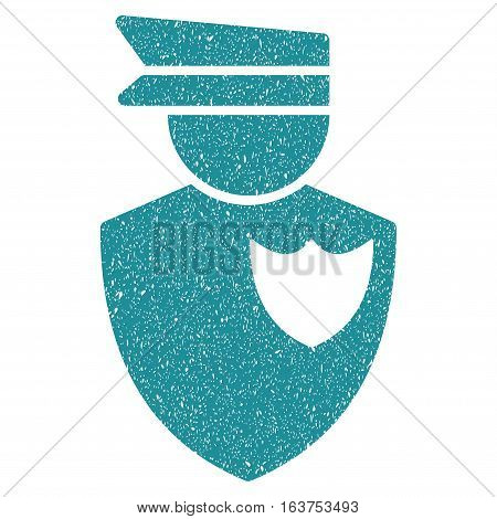 Policeman grainy textured icon for overlay watermark stamps. Flat symbol with scratched texture. Dotted vector soft blue ink rubber seal stamp with grunge design on a white background.
