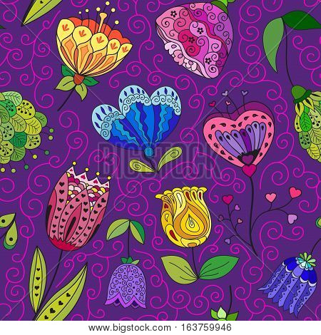 Flowers doodle seamless pattern on a violet background. Vector illustration