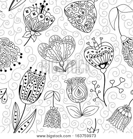 Flowers doodle seamless pattern. Black and white vector illustration