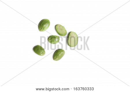 Parkia speciosa on white background ( bean petai twisted cluster stink bitter sato )