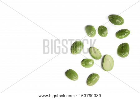 Parkia speciosa on white background ( bean petai twisted cluster stink bitter sato )