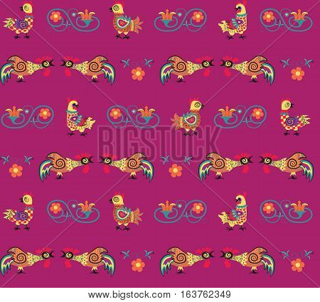 retro vector pattern of rooster and flower silhouettes. Endless texture can be used for printing onto fabric. eps10