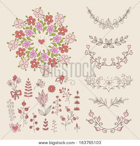 Hand Drawn vintage floral elements. Set of flowers. Decorative elements