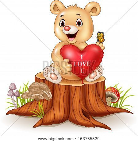 Vector illustration of Cute bear holding red heart balloons on tree stump