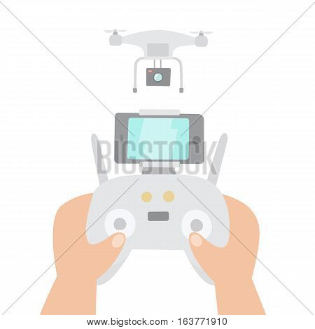 Aerial drone for photography or video surveillance and drones controller. Vector hand drawn isolated illustration