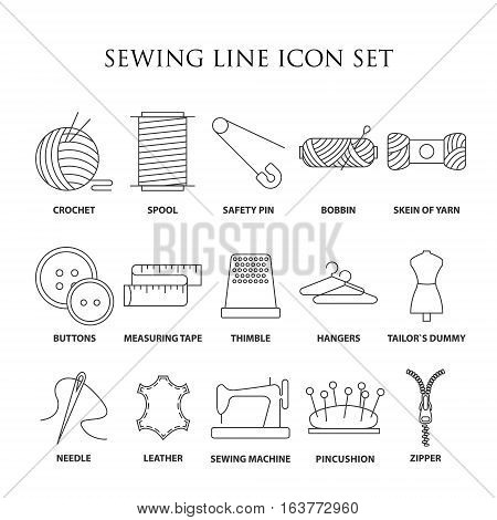 Sewing icons. Embroidery equipment. Bobbin, safety pin, needle, zipper, pincushion and other things for stitching. Line art vector illustration.