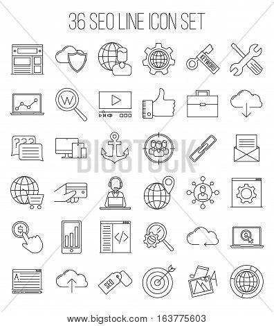 SEO icons. Internet and development signs. Web site, keyword, anchor, SMM, technical support, video marketing and other things. Line art vector illustration.