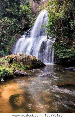 Pha Dok Seaw waterfall or Rak Jang waterfall in Doi Inthanon National ParkThailandMost Famous in Thailand Beautiful silky waterfall flow through stones.