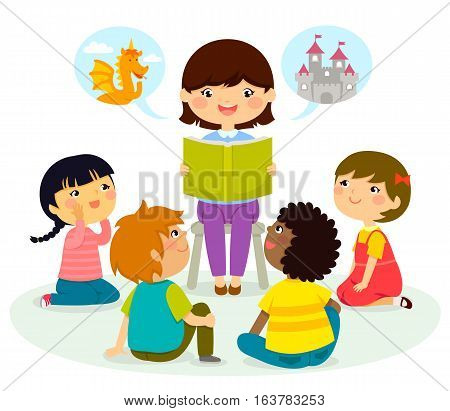 woman reading a book to young children