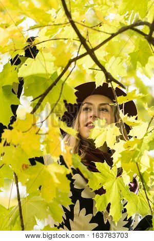 Woman in a floral patterned coat and wine red hat in the park. Happy girl and colorful autumn forest. Portrait of a lady yellow green red and brown leaves background