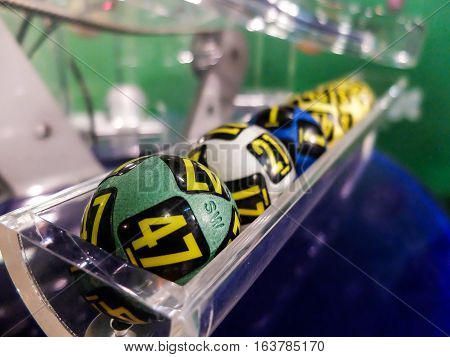 Bucharest Romania 21 February 2016: Image of lottery balls during extraction of the winning numbers.