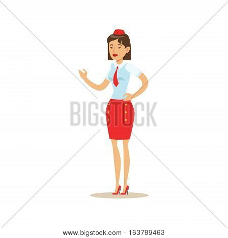 Flight Attendant In Red Uniform, Part Of Airport And Air Travel Related Scenes Series Of Vector Illustrations. Smiling Cartoon Character Airport Professional Employee.