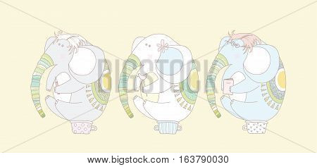 Elephants on the pots with yellow background. Vector illustration.