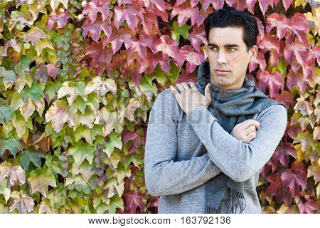 Handsome Man Wearing Winter Clothes In Autumn Leaves Background