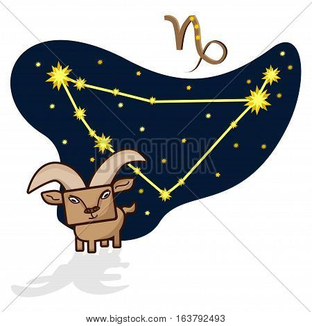 Cartoon Zodiac signs. Vector illustration of the Capricornus with a rectangular face. A schematic arrangement of stars in the constellation Capricornus