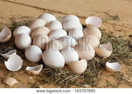 High quality tasty and healthy chicken eggs from domestic hens on wooden mat