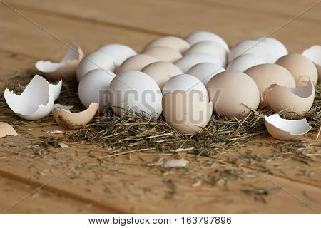 High quality tasty and healthy chicken eggs from domestic hens on wooden mat