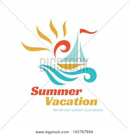Summer travel vacation vector logo concept illustration. Paradise resort color graphic sign. Sea waves, sun and sail.