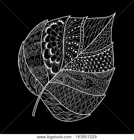 Leaf doodle. Vector illustration. Hand drawn artwork. Black white. Coloring book page for adults.