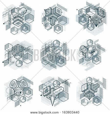 Vector Backgrounds With Abstract Isometric Lines And Figures. Templates Made With Cubes, Hexagons, S