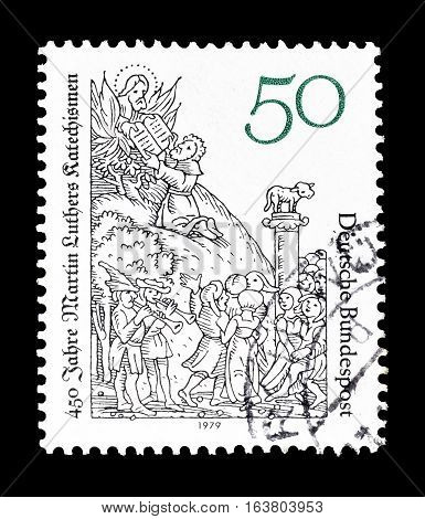 GERMANY - CIRCA 1979 : Cancelled postage stamp printed by Germany, that shows Martin Luthers catechism.