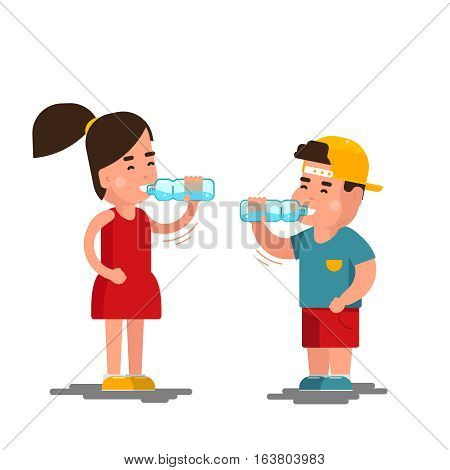 Little boy and girl drinks water vector illustration. Kids drinking clean water isolated on white background. Children drink clean water from plastic bottle