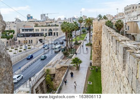 JERUSALEM ISRAEL - DECEMBER 8: Cityscape of Jerusalem view from wall of the Old City in Jerusalem Israel on December 8 2016