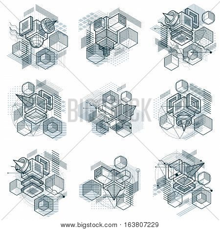 Abstract Backgrounds With Isometric Lines, Vector Illustrations. Templates Made With Cubes, Hexagons