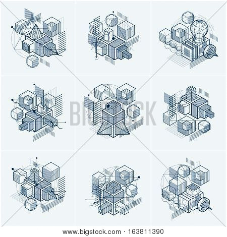 Vector Backgrounds With Abstract Isometric Lines And Figures. Templates Made With Cubes, Hexagons, S
