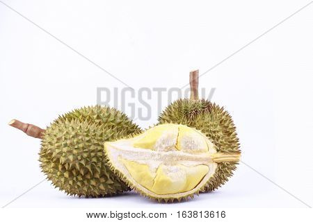 yellow peeled   durian  mon thong is king of fruits durian and  fruit plate tropical durian on white background healthy durian fruit food isolated
