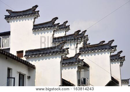 Huizhou Architecture Horse Head Gables in Nanjing, Jiangsu Province, China. Horse Head Gables intended to prevent fire jumping from one building to another.
