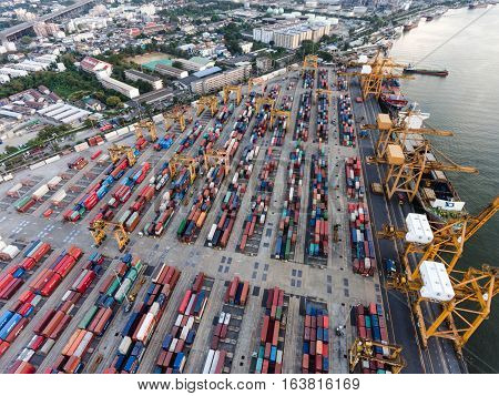 Aerial Topdown Shot Of Large Bangkok Shipping Port