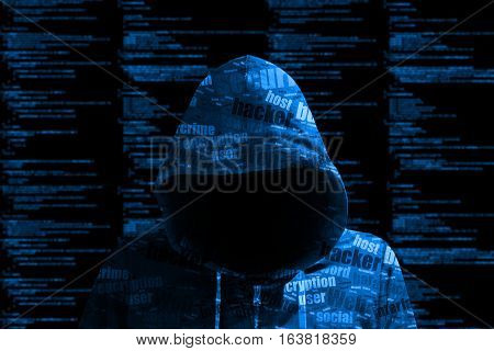 Hacker in a blue hoody standing in front of a code background with binary streams and information security terms cybersecurity concept
