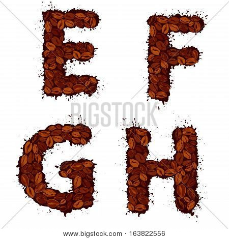 EFGH english alphabet letters made of coffee beans in grunge style isolated on white background
