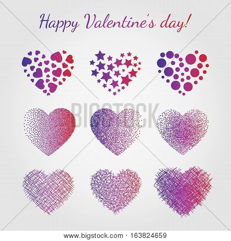 Vector hearts set.  Various templates for cards, valentines. Shape filled with objects - stars, dots, lines. Stylish textures, isolated on white background.