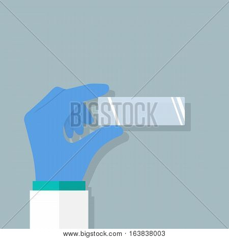 Empty microscopy slide in hand doctor laboratory. Researcher in gloves conduct medical expertize. Vector illustration flat design. Isolated on background. Web template for diagnostic study research.
