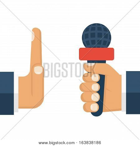 No comments concept. Journalist with microphone in hand, rejection interview. Talk failed. Gesture politics, businessman NO. Vector illustration flat design. Isolated on white background.