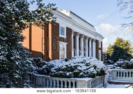 Charlottesville, USA - January 24 2013: Clark Hall covered in snow during winter at University of Virginia